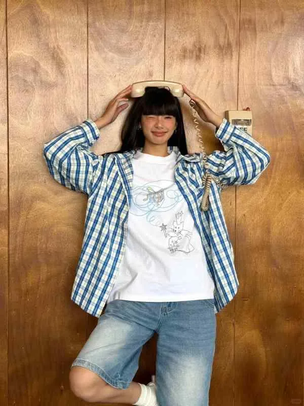 シャツ レディース 長袖 チェック柄 襟付き 前開き トップス ネルシャツ チュニック 羽織り ライトアウター ヴィンテージ風 アメカジ レトロ 普段使い カジュアル 通学 通勤 お出かけ 紫外線対策 日焼け防止 ブルー ホワイト