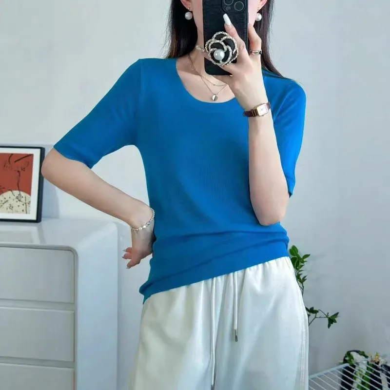 ニット トップス レディース 五分袖 半袖 リヨセル 天丝 100% 鵝卵石ネック クルーネック Tシャツ カットソー プルオーバー インナーシャツ 無地 薄手 伸縮性 吸湿性 通気性 フィット スリット 着痩せ カジュアル 普段使い