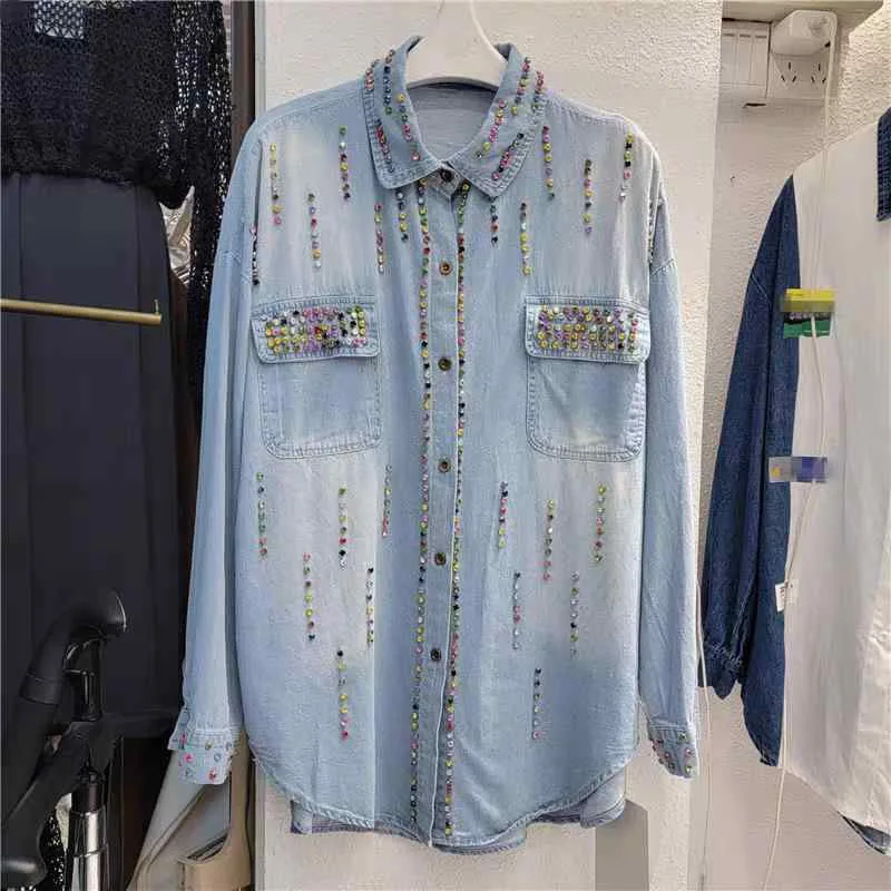 シャツ レディース 春秋 デニムシャツ トップス 襟付き 長袖 ボタン 前開き 刺繍 ラインストーン ビジュー ゆったり ビッグシルエット カジュアル 普段使い 通学 通勤 ブルー インディゴ ブルー アウター 羽織り