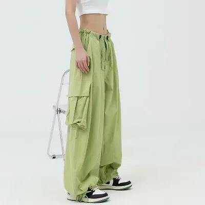 カジュアルパンツ レディース ハイウエスト ワイドパンツ ワークパンツ カーゴパンツ ドローストリング スリット ヴィンテージ風 ルーズ ゆったり ボトムス レトロ アメリカン カジュアル ストリート ギャル かわいい おしゃれ