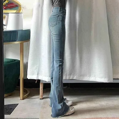 ジーンズ レディース デニムパンツ ジーパン ベルボトム ブーツカット 微フレア ハイウエスト フリンジ加工 切りっぱなし レトロブルー 着痩せ 美脚 伸縮性 ストレッチ ロング丈 脚長効果 美シルエット カジュアル 普段使い 通勤 ボトムス