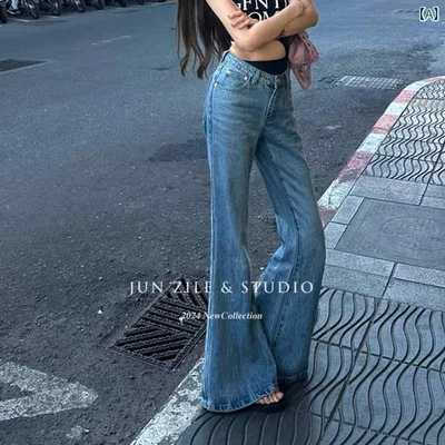 ジーンズ レディース デニム パンツ ジーパン ベルボトム 喇叭ズボン フレアパンツ ロング丈 ボトムス ハイウエスト 美脚 脚長 スリム タイト 伸縮 ストレッチ 薄手 カジュアル お出かけ 旅行 春夏 ブルー