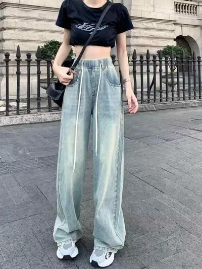 ジーンズ レディース デニムパンツ ジーパン 秋物 秋冬 ボトムス 長ズボン ロングパンツ アメカジ ヴィンテージ風 ドローストリング ドローコード 直筒 ストレートパンツ ルーズ ゆったり 垂れ感 ワイドパンツ 阔腿 カジュアル 脚長効果