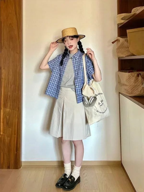 シャツ レディース 春夏 半袖 ショート丈 トップス ブラウス チェック柄 レトロ ヴィンテージ風 綿 コットン 襟付き 前開き アウター 羽織り 薄手 ゆったり 体型カバー 着痩せ カジュアル 普段使い 通学 日常 デイリー 旅行