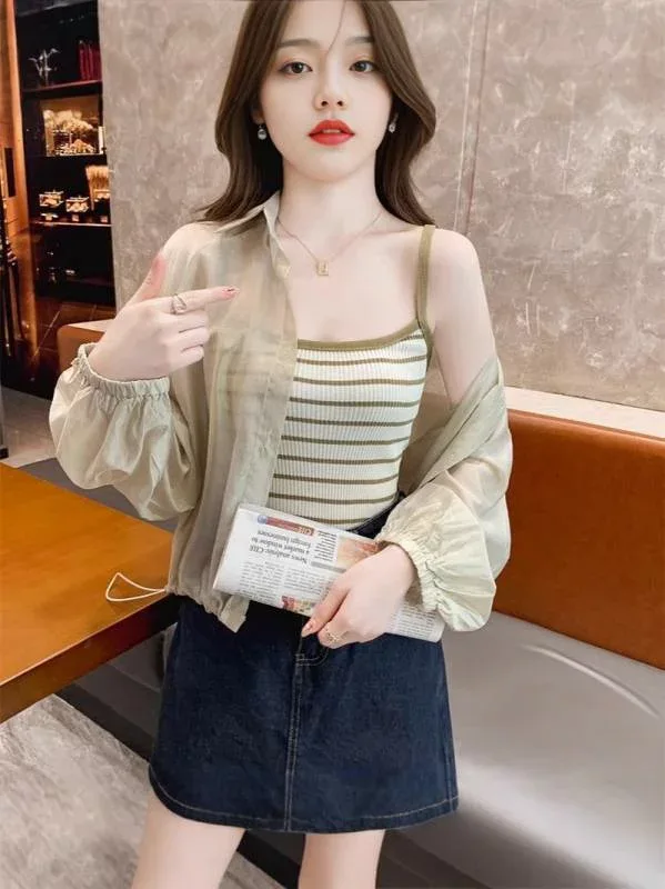 Women's Shirt, Sunproof Clothing, UV Protection, Long Sleeve, Thin, Short Length, Collared, Light Outerwear, Chiffon, Loose, Body Coverage, Casual, Top, Sun Protection, Heat Protection, Air Conditioning Protection, Transparency, Plain, Wearing, Commuting to School, Commuting, Everyday Use.