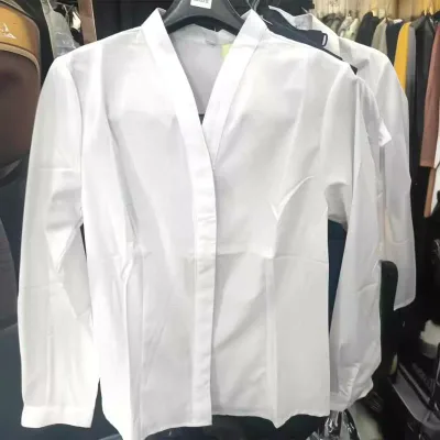 シャツ レディース 白 ノーカラー Vネック 長袖 ブラウス 制服 トップス キャビンアテンダント オフィス ビジネス 通勤 リクルート 就活 インナー 事務服 会社 フォーマル 単品 無地 シンプル きれいめ 伸縮性 高級感