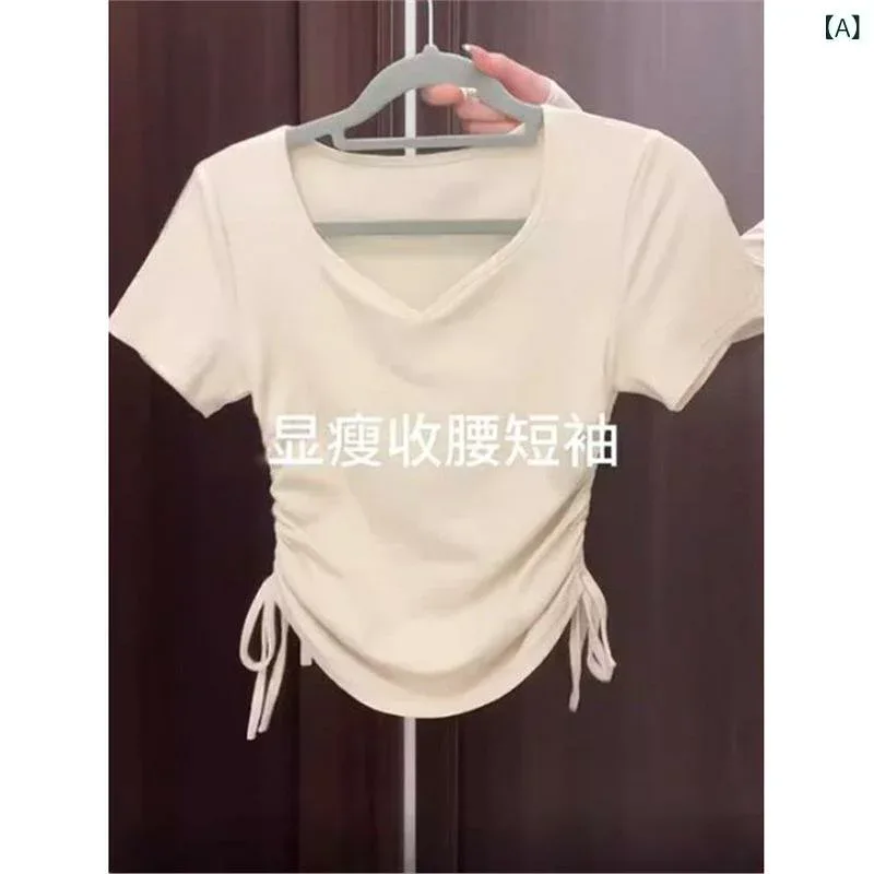 Tシャツ レディース 半袖 カットソー トップス Vネック 無地 ドローストリング シャーリング ショート丈 クロップド丈 プルオーバー スリム フィット インナー 重ね着 カジュアル 伸縮性 通気性 薄手