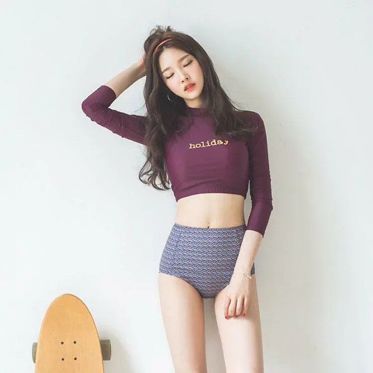 水着 レディース セパレート 長袖 ハイネック ラッシュガード 体型カバー 露出控えめ 日焼け防止 紫外線対策 ハイウエスト ヴィンテージ風 伸縮性 速乾 アウトドア 海 プール