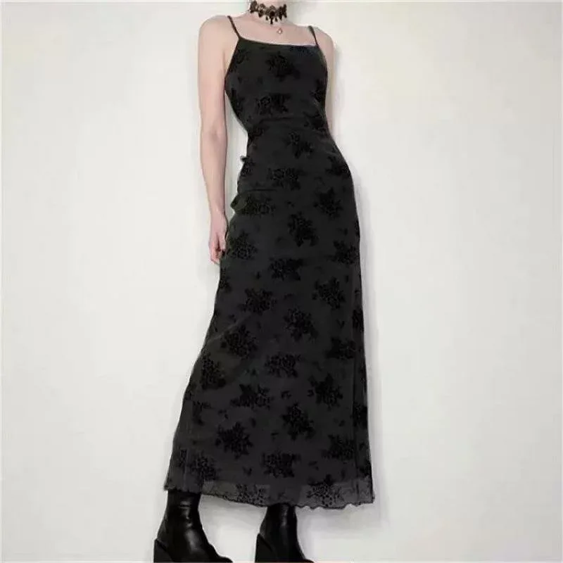 ワンピース レディース キャミソールワンピース 花柄 チュール ロング丈 春夏 レトロ きれいめ セクシー スリット 重ね着風 普段使い フェミニン