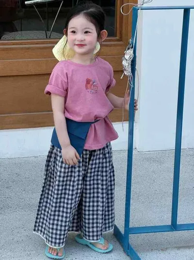 Culottes, Kids, Girls, Spring/Summer, Wide Pants, Straight, Checkered Pattern, Loose, Stylish, Comfortable, Long Length, Bottoms, Children's Clothes, School, Everyday Wear, Going Out, Casual, Korean Style