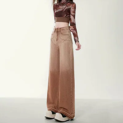 デニムパンツ レディース ズボン ワイドパンツ ストレートパンツ グラデーション ヴィンテージ風 ゆったり 着痩せ ハイウエスト 美脚 カジュアル 普段使い 秋
