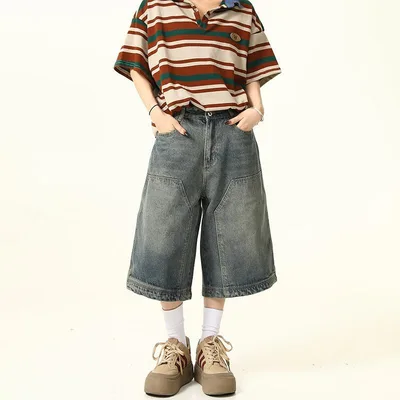 ハーフパンツ メンズ レディース デニム 7分丈 ワイドパンツ ストレート ヴィンテージ風 ウォッシュ加工 高見え カジュアル 普段使い 通勤用