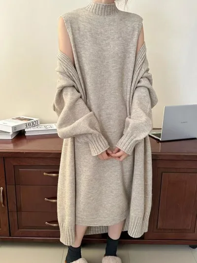 ニットワンピース レディース セットアップ 秋冬 長袖 ロング丈 ニットカーディガン アウター きれいめ おしゃれ 2点セット