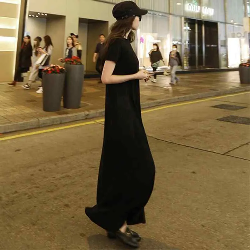 ワンピース レディース 半袖 ロング丈 Aライン ポケット付 体型カバー ゆったり 無地 黒 カジュアル 通勤 普段使い 春夏