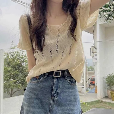 Tシャツ レディース 半袖 カットソー ニット クルーネック 透かし編み ショート丈 トップス カジュアル おしゃれ 無地 シンプル 春夏