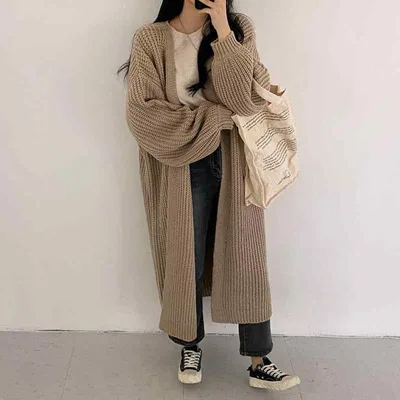 カーディガン レディース ニット 羽織り アウター トップス 長袖 ロング丈 無地 ルーズ ゆったり バルーンスリーブ ボリューム袖 暖かい 厚手 防寒 体型カバー 秋冬 カジュアル シンプル カジュアル 普段使い 通勤 通学