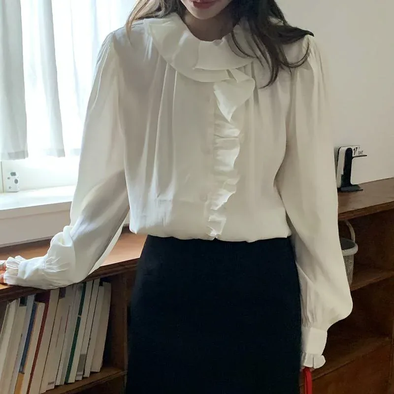 シャツ レディース トップス 長袖 切り替え フリル 喇叭袖 ゆったり 薄手 かわいい キレイめ オフィスカジュアル 通学 デート お出かけ 春 秋 アイボリー ベージュ
