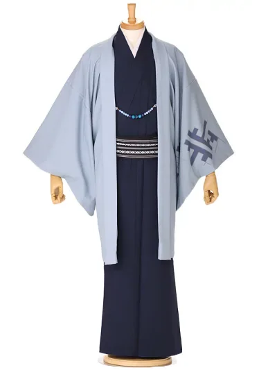 七五三 父 着物 レンタル 着流し レンタル 七五三 【簡単きもの】【ワンタッチ帯】男きもの着流し 羽織着物 パパ 七五三 男性着物 Lサイズ 170cm-175cm 水色×紺 往復送料無料 cy0041