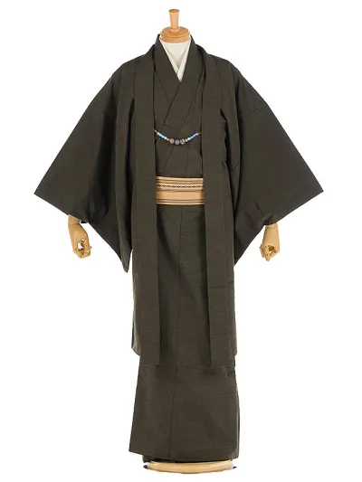 伝統工芸品 大島紬 正絹 七五三 父 着物 レンタル 着流し レンタル 七五三 【簡単きもの】【ワンタッチ帯】男きもの着流し 羽織着物 パパ 七五三 男性着物 Lサイズ 170cm-175cm カーキ 往復送料無料 cy0088