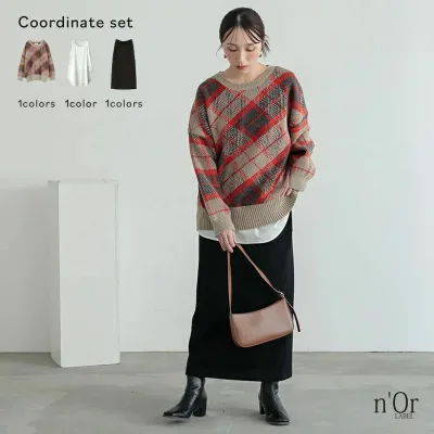 ロングスカート タンクトップ ボトムス スカート トップス 2025 ニット ロングタンクトップ オシャレウォーカー セーター 【送料無料】3点コーデセット クルーネック レディース 冬 長袖 インナー 秋