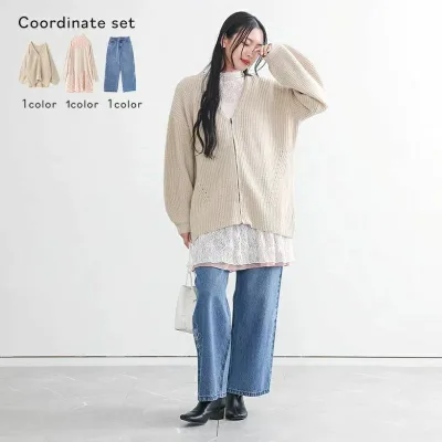カットソー ボトムス 春 秋 2026 デニム 羽織 長袖 ハイネック Vネック トップス パンツ ニット レディース ロング丈 冬 インナー カーディガン オシャレウォーカー レイヤード 3点コーデセット 【70】 レース