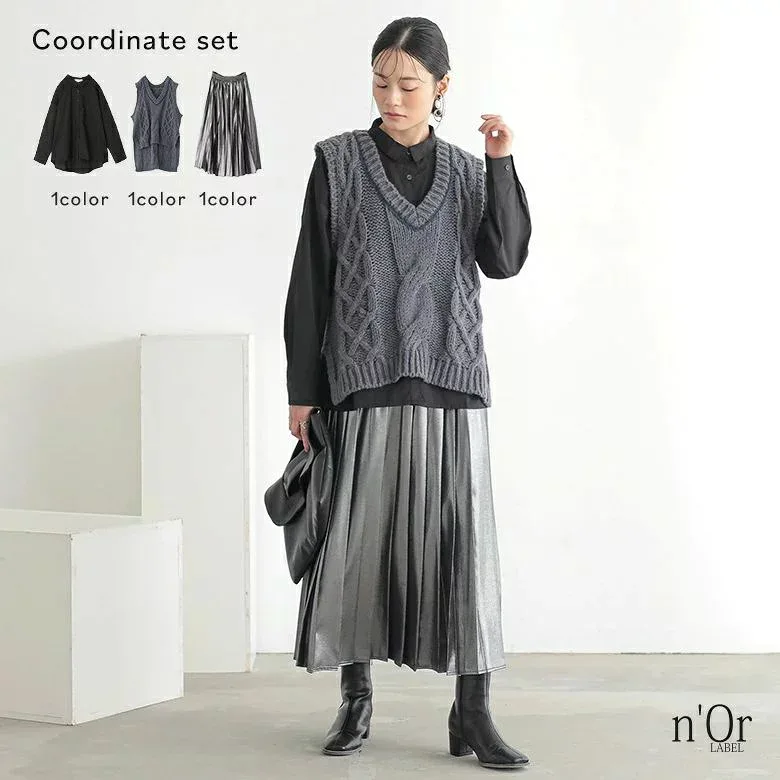 シャツ 冬 ニットベスト レディース ブラウス ノースリーブ 前開きシャツ Vネック オシャレウォーカー 【55】 ボタンシャツ ロングスカート 2026 秋 プリーツスカート 春 【送料無料】3点コーデセット トップス