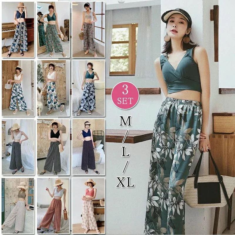 ビキニ 体型カバー 3点セット ワイドパンツ ショートパンツ オトナ女子 ピンク ヨガ レディース ビーチ 海 ママ セパレート 30代 リブビキニ Vネック ブラック タンキニ ボタニカル柄 リゾート おしゃれ ホルターネック 温泉旅行 水着 20代 40代 グリーン バンドゥ