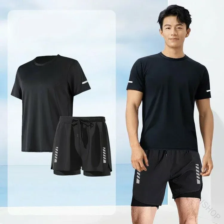 フィットネス 水着 2点セット メンズ 水着 上下セット 半袖Tシャツ ショートパンツ 男性用 セパレート 体型カバー 水陸両用 吸汗速乾 通気性 大きいサイズ インナーパンツ付き 海パン スポーツ ジム 海遊びに最適な快適素材使用 127