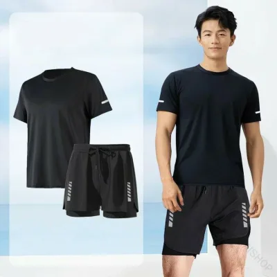 フィットネス 水着 2点セット メンズ 水着 上下セット 半袖Tシャツ ショートパンツ 男性用 セパレート 体型カバー 水陸両用 吸汗速乾 通気性 大きいサイズ インナーパンツ付き 海パン スポーツ ジム 海遊びに最適な快適素材使用 127