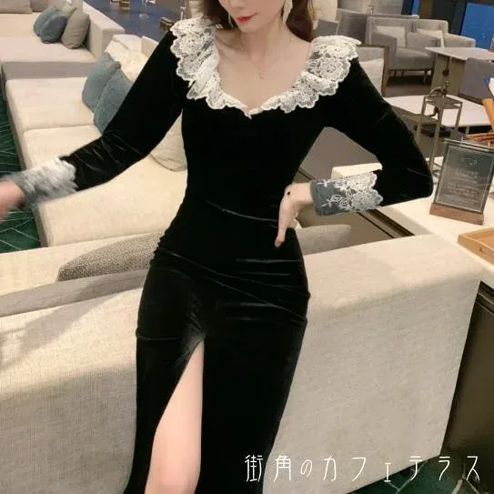 ロングドレス衣装Aラインフレア長袖ラウンドネックレースベロアベルベット厚手生地エレガント可愛い大人可愛いきれいめカジュアルシックコンサバ華やか大人上品おしゃれお洒落主役級こなれ感高見え高級感フェミニン無地冬30代40代レディース