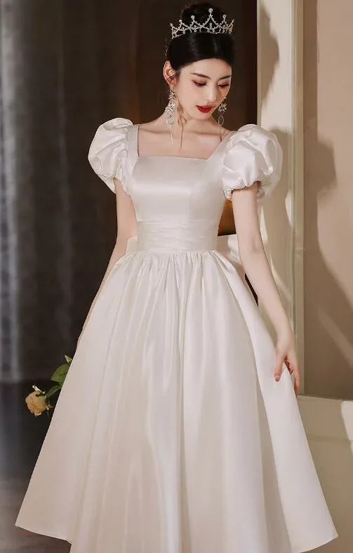 膝下丈ドレスウェディングドレス森ガール結婚式白パーティー編み上げ半袖可愛いオフショルダーオフショルブライダルドレス前撮り後撮り撮影ロング丈二次会かわいいフォトウェディング成人式パーティー発表会誕生日演奏会大きいサイズXS-3XL
