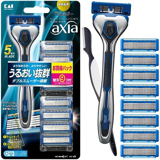 貝印 axia カミソリ バリューパックスリム 替刃 9個 おまけ付 メンズ 剃刀 ひげそり T字 5枚刃 カイレザー kai razor