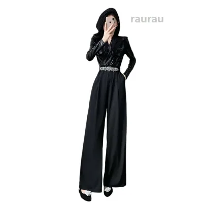 ドレス パーティードレス サロペット ドレス ワイドパンツ オールインワン レディース パンツドレス コンビネゾン 長袖 結婚式 二次会 お呼ばれ 披露宴 ドッキング 異素材 大きいサイズ 20代 30代 40代 ブラック