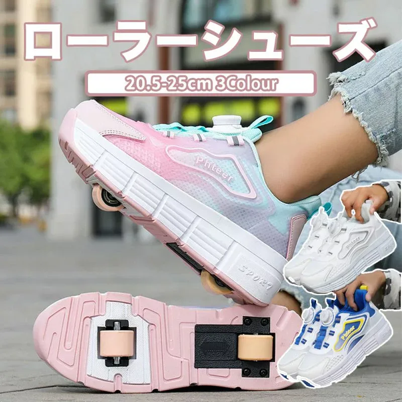 ローラーシューズ ローラースケート 20.5cm~25cm 靴紐フリ メッシュ ピンク キッズ 大人 子供 メンズ レディース 靴 女の子 男の子 スニ