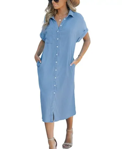 カップシー レディース トップス ワンピース ボタンダウン ダウン デニム CUPSHE Women's Denim Short Sleeve Button Down Cover Up Dress Light/pastel blue ブルー