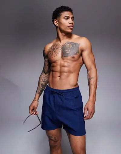 エイソス メンズ 水着 ハーフパンツ・ショーツ ショートパンツ ASOS DESIGN swim shorts in mid length NAVY ネイビー