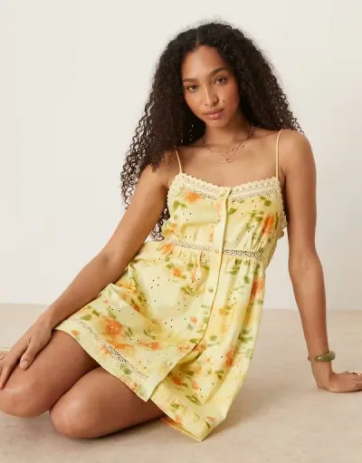 エイソス レディース トップス ワンピース ミニワンピース フラワー柄 プリント パッチワーク ミニ フラワー ASOS DESIGN eyelet cami button up mini dress in patchwork floral print PATCH FLORAL PRINT
