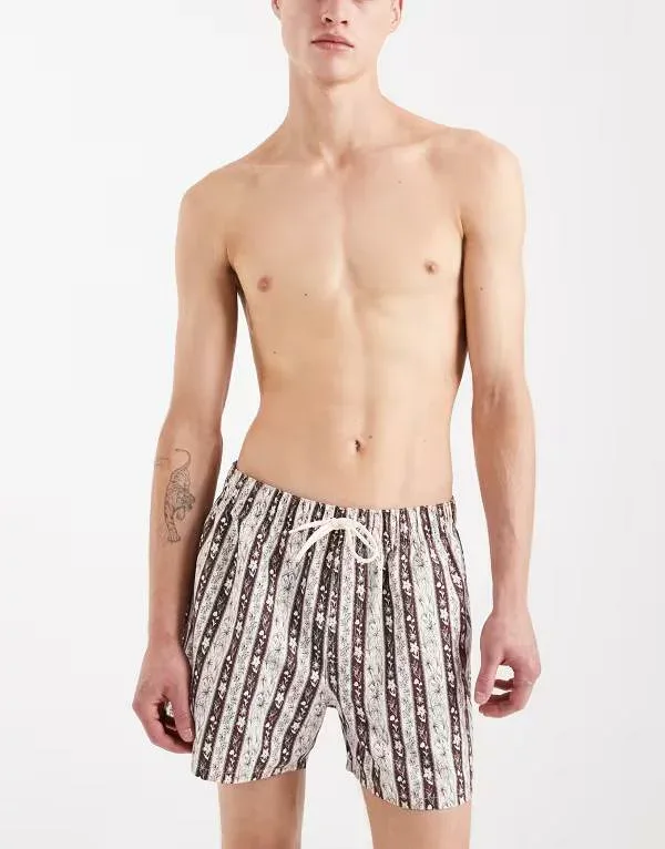 エイソス メンズ 水着 ハーフパンツ・ショーツ フラワー柄 ショートパンツ フラワー ASOS DESIGN short length swim shorts with floral stripes BROWN ブラウン