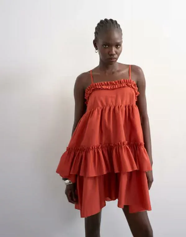 トップショップ レディース トップス ワンピース ミニ Topshop voluminous frill mini dress in rust ラスト
