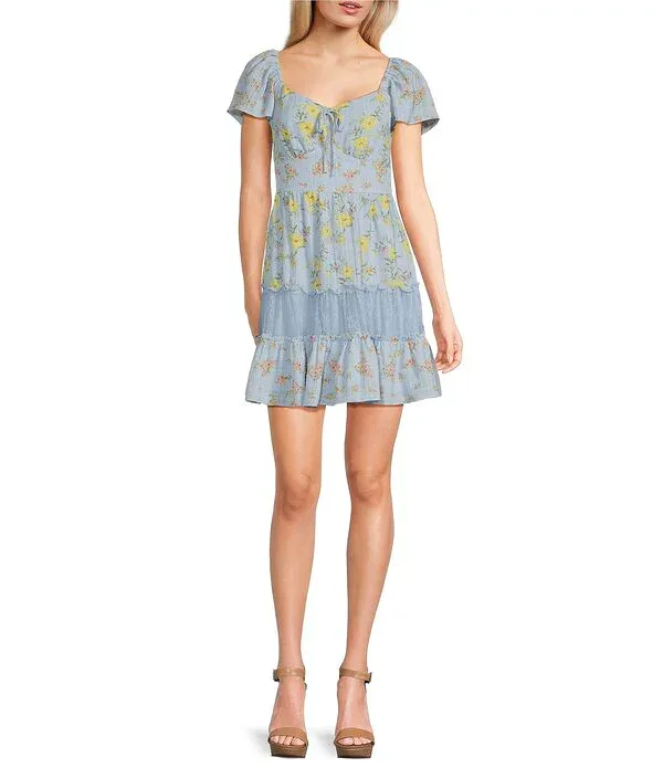 ミッドナイト ドール レディース トップス ワンピース ティアード シフォン フラワー柄 プリント ミニ レース フラワー Midnight Doll Chiffon Lace Floral Printed Flutter Sleeve Tie Frontiered Mini Dress Blue Multi ブルー