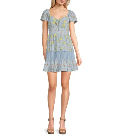 ミッドナイト ドール レディース トップス ワンピース ティアード シフォン フラワー柄 プリント ミニ レース フラワー Midnight Doll Chiffon Lace Floral Printed Flutter Sleeve Tie Frontiered Mini Dress Blue Multi ブルー