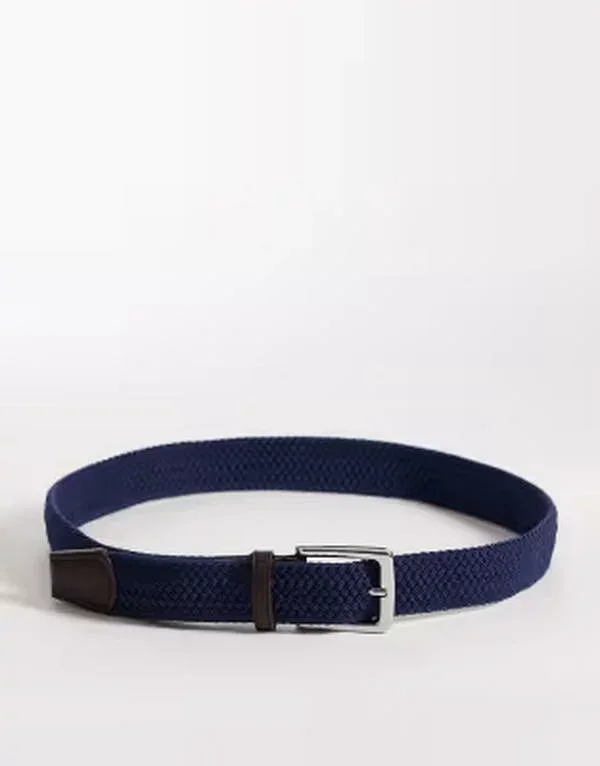 エイソス メンズ アクセサリー ベルト レザー フェイクレザー ASOS DESIGN woven belt with faux leather tip NAVY ネイビー