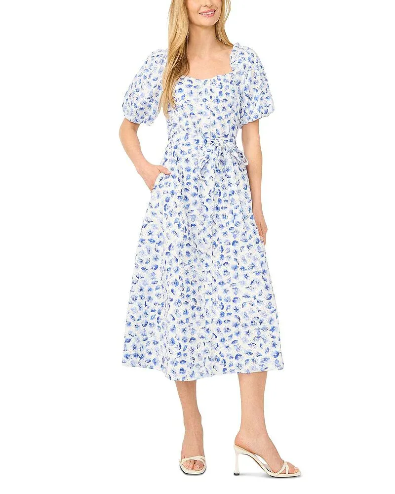 セセ レディース トップス ワンピース フラワー柄 ミディ フラワー CeCe Floral Eyelet Puff Sleeve Midi Dress Bellflower Blue ブルー