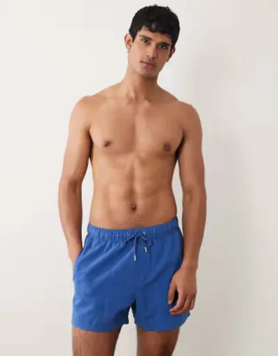 エイソス メンズ 水着 ハーフパンツ・ショーツ ショートパンツ ASOS DESIGN seersucker swim shorts in short length BLUE ブルー