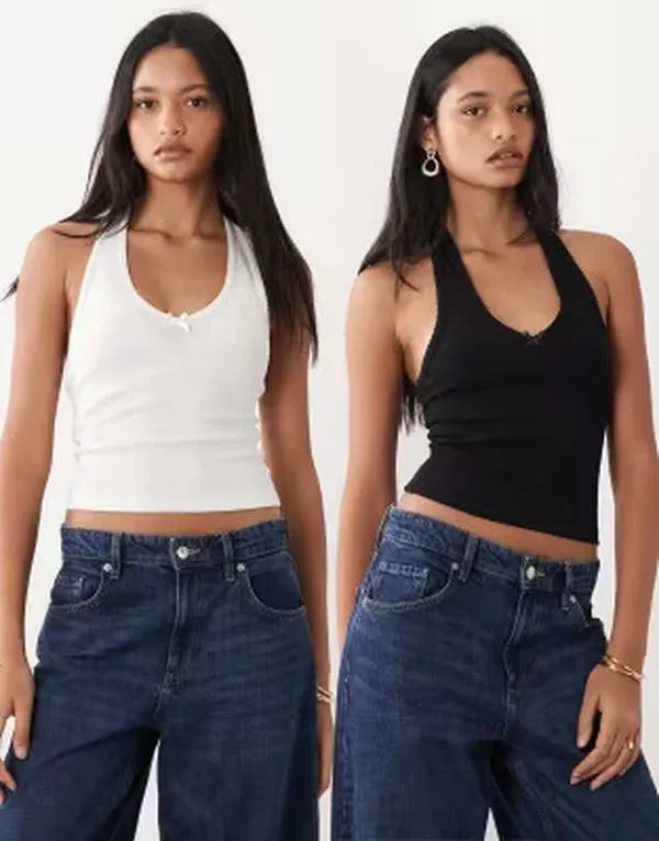 ミスセルフフリッジ レディース トップス シャツ ホルター Misselfridge 2 pack halterneck tops with picotrim detail Black and white ホワイト