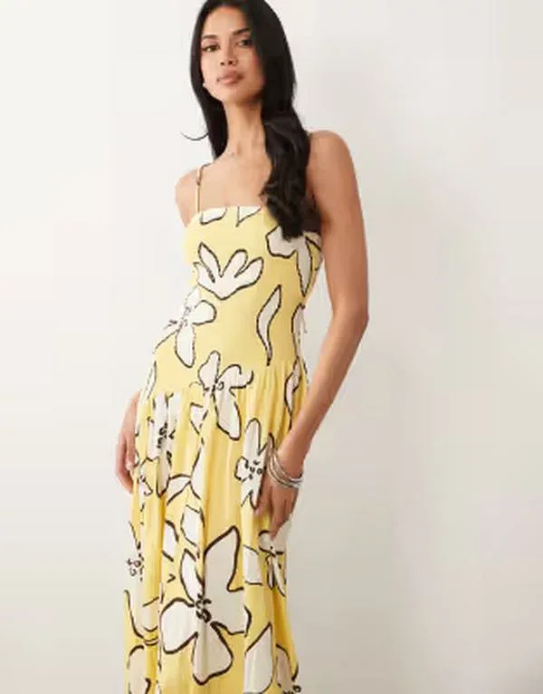 エイソス レディース トップス ワンピース アシンメトリー フラワー柄 プリント ミディ フラワー ASOS DESIGN tie back crinkle camidi dress with asymmetric waist in yellow sketch floral print YELLOW SKETCH FLORAL イエロー