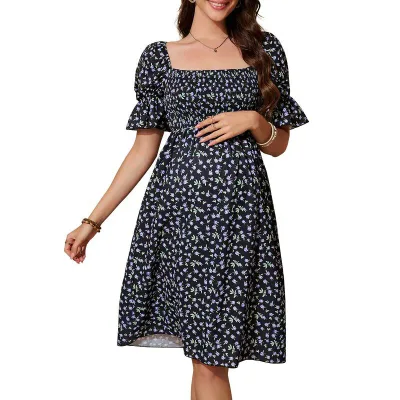 イエスファッション レディース トップス ワンピース A ライン フラワー柄 マタニティ フラワー Yesfashion Women's Maternity Dress Floral Square Neck A Line Fashion Dresshort Sleeves Dress for Photography Purple パープル