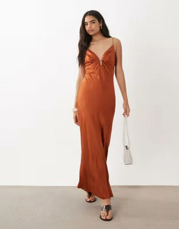 マンゴ レディース トップス ワンピース サテン マキシ Mango satin deep v strappy maxi dress in burnt orange オレンジ