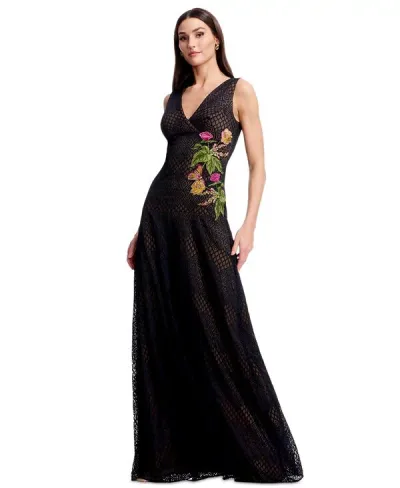 ドレスザポプレーション レディース トップス ワンピース フラワー柄 ノースリーブ フラワー Dress the Population Women's Floral Applique Detail Sleeveless Gown Black Multi ブラック