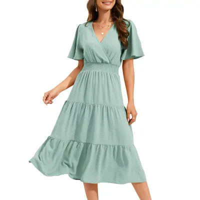 セオリア レディース トップス ワンピース Vネック ハイウエスト フリル ミディ シャーリング Seoria Women Smocked High Waist Cross V Neck Ruffled Short Sleeve Laye red Midi Dressage Green グリーン